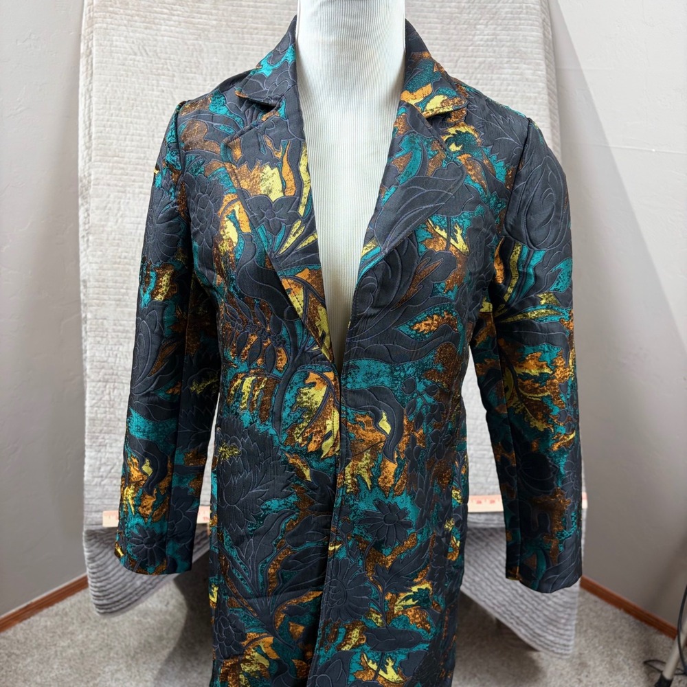 Chicos Jacquard Floral Topper Jacket Teal Gold Metallic Longline Coat Size 0 4/6